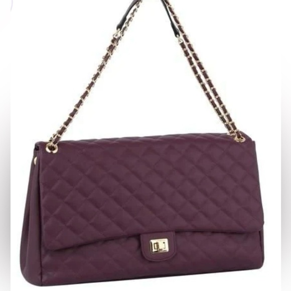 Quilted Luggage Tote W/Chain Strap, Plum & Gold-tone Hardware, Turn lock - Picture 1 of 12